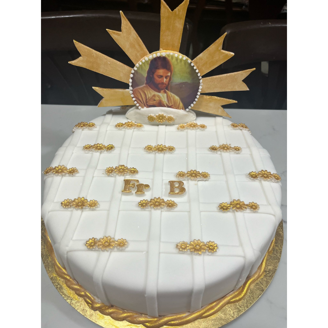 1-TIER ROUND WHITE & GOLD CHRIST CAKE - 2KG